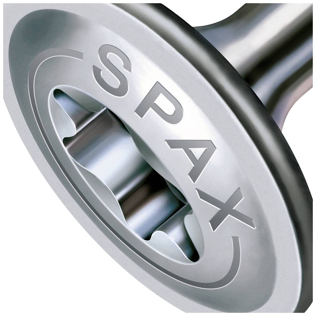 Metallische Schraube mit Gravur 'SPAX' auf dem oberen Teil des Kopfes, zeigt industrielles Design und Verarbeitung.