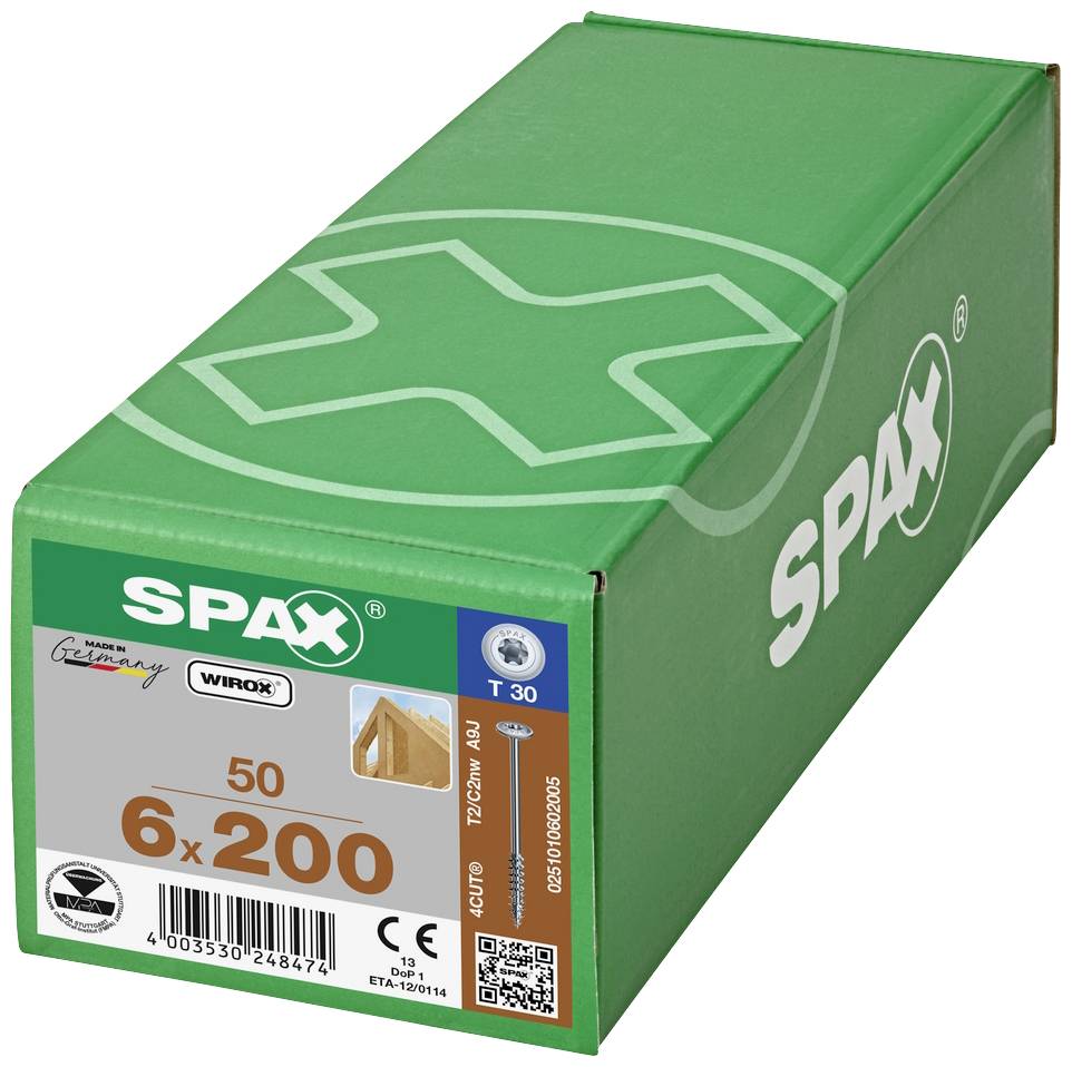 Grüne Verpackung mit der Aufschrift 'SPAX 50 6x200', enthält 50 Holzschrauben. 'Made in Germany'.