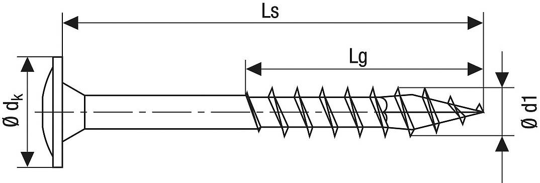 Diagramm zeigt eine Schraube mit Beschriftungen für Gesamtlänge (Ls), Gewindelänge (Lg), Kopf- und Schaftdurchmesser (ødk, ød1).