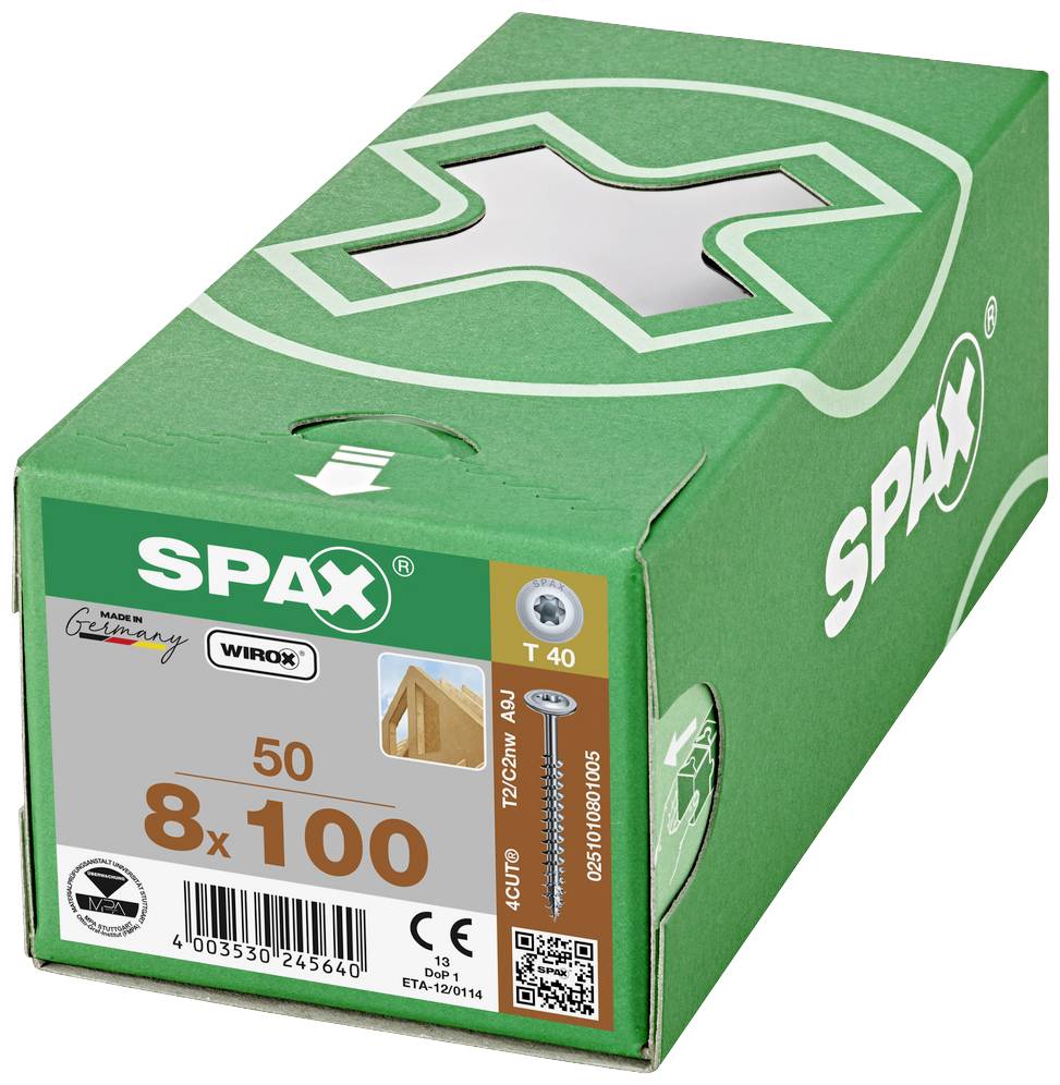 Spax-Schrauben-Verpackung, grün. Beinhaltet 50 Schrauben der Größe 8x100 mm, hergestellt in Deutschland.