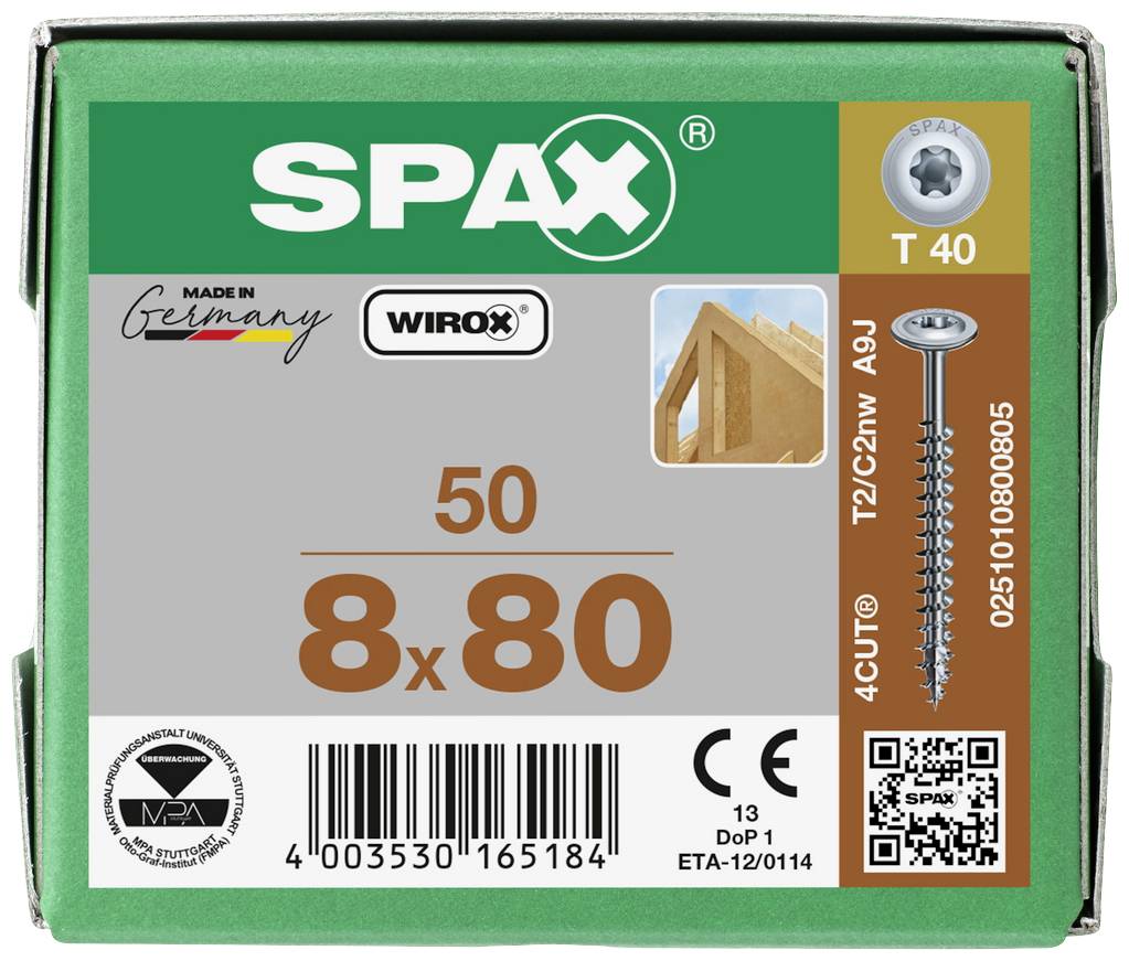 Schachtel mit 50 Schrauben, 8x80 mm, Marke 'SPAX'. Geeignet für Holzbau, Torx T40 Kopf. Zertifiziert nach ETA 12/0114.