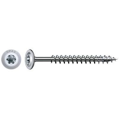 Eine Metallholzschraube mit Torx-Schlitz und flachem Kopf, neben einer Draufsicht des Kopfes mit dem Aufdruck 'SPAX'.