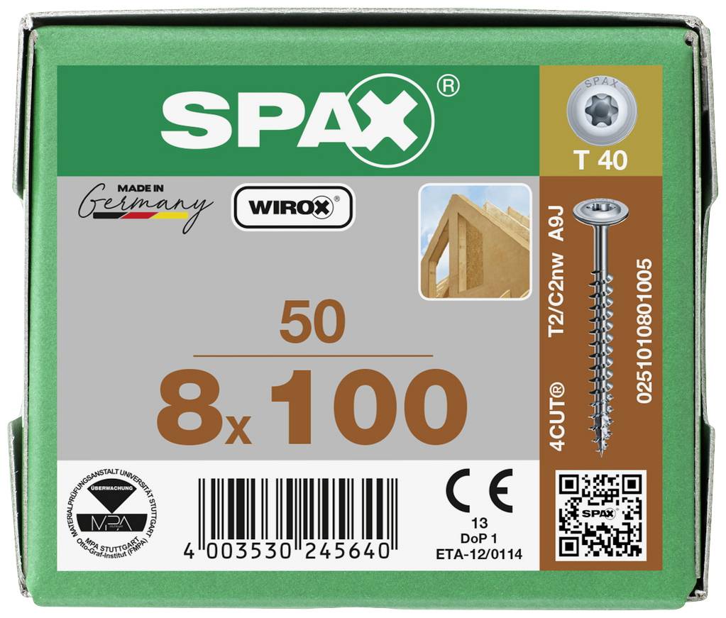 Schraubenverpackung von SPAX, Größe 8x100 mm, 50 Stück. Made in Germany. Geeignet für Holzbau. QR-Code und Produktinformationen.