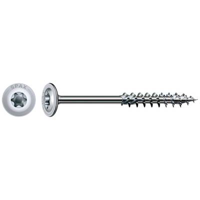 Eine silberne Schraube mit Torx-Kopf und grobem Gewinde. Die Aufschrift ‘SPAX’ ist auf dem Kopf sichtbar.