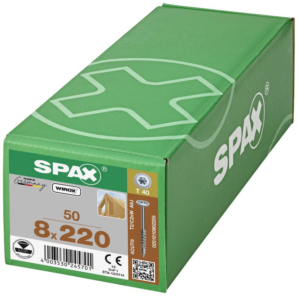Grüne Verpackung von Spax-Schrauben, 50 Stück, Größe 8x220 mm, mit T40 Kopf, geeignet für Holzverbindungen. Made in Germany.