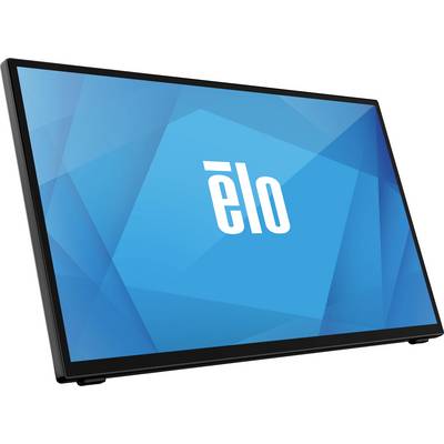 Ein Flachbildschirm mit einem blauen Hintergrund zeigt das weiße Logo 'elo'. Der Bildschirm steht leicht geneigt.