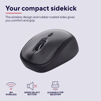 Kabellose schwarze Computermaus mit ergonomischem Design. Der Text betont die kompakte Größe, den Komfort und die rutschfesten Gummiseiten. Symbole unten zeigen drahtlose Verbindung, Geschwindigkeit und USB-Empfänger.