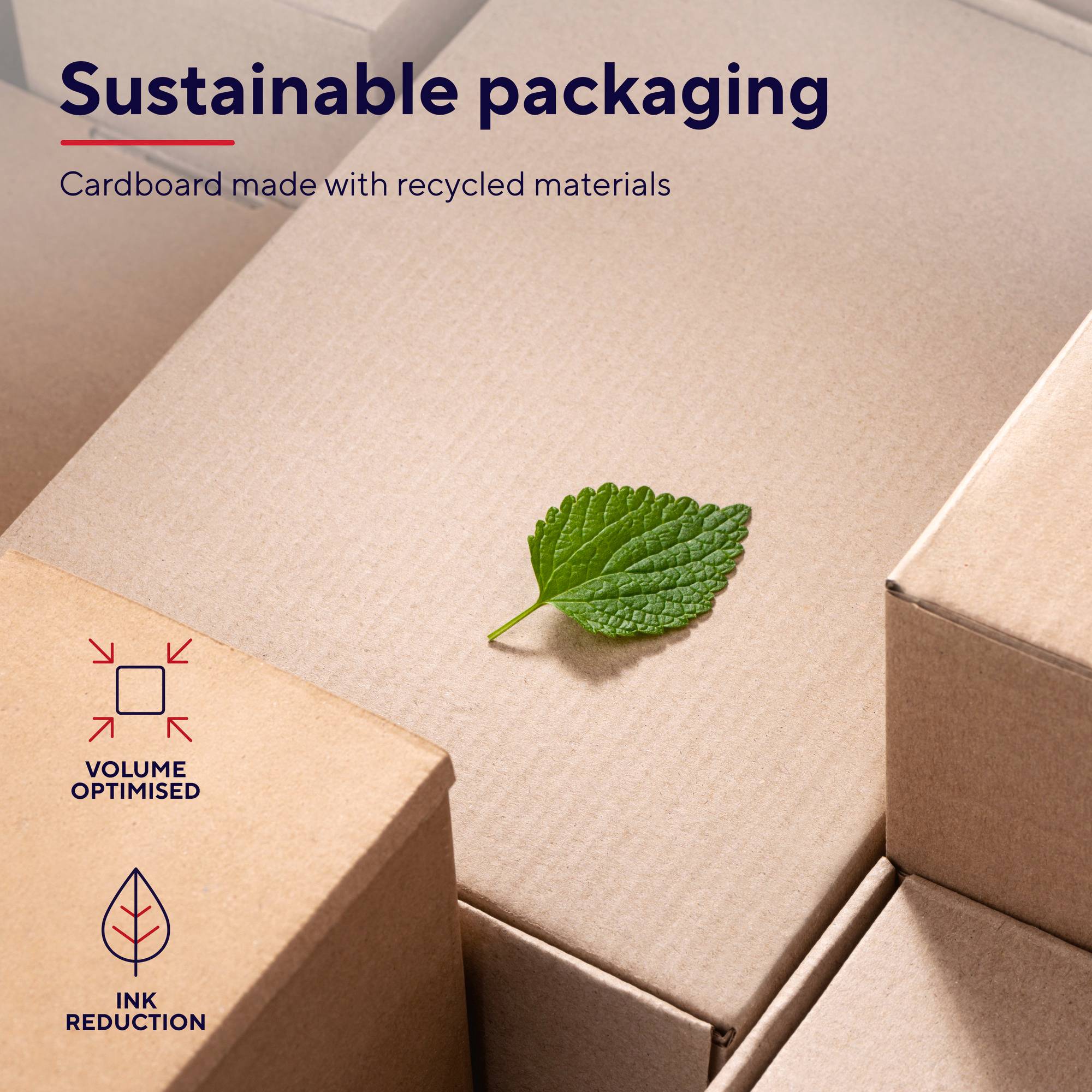 Nachhaltige Verpackung aus recyceltem Material, zeigt Kartons mit einem Blatt darauf. Texte: 'Volume optimised', 'Ink reduction'.