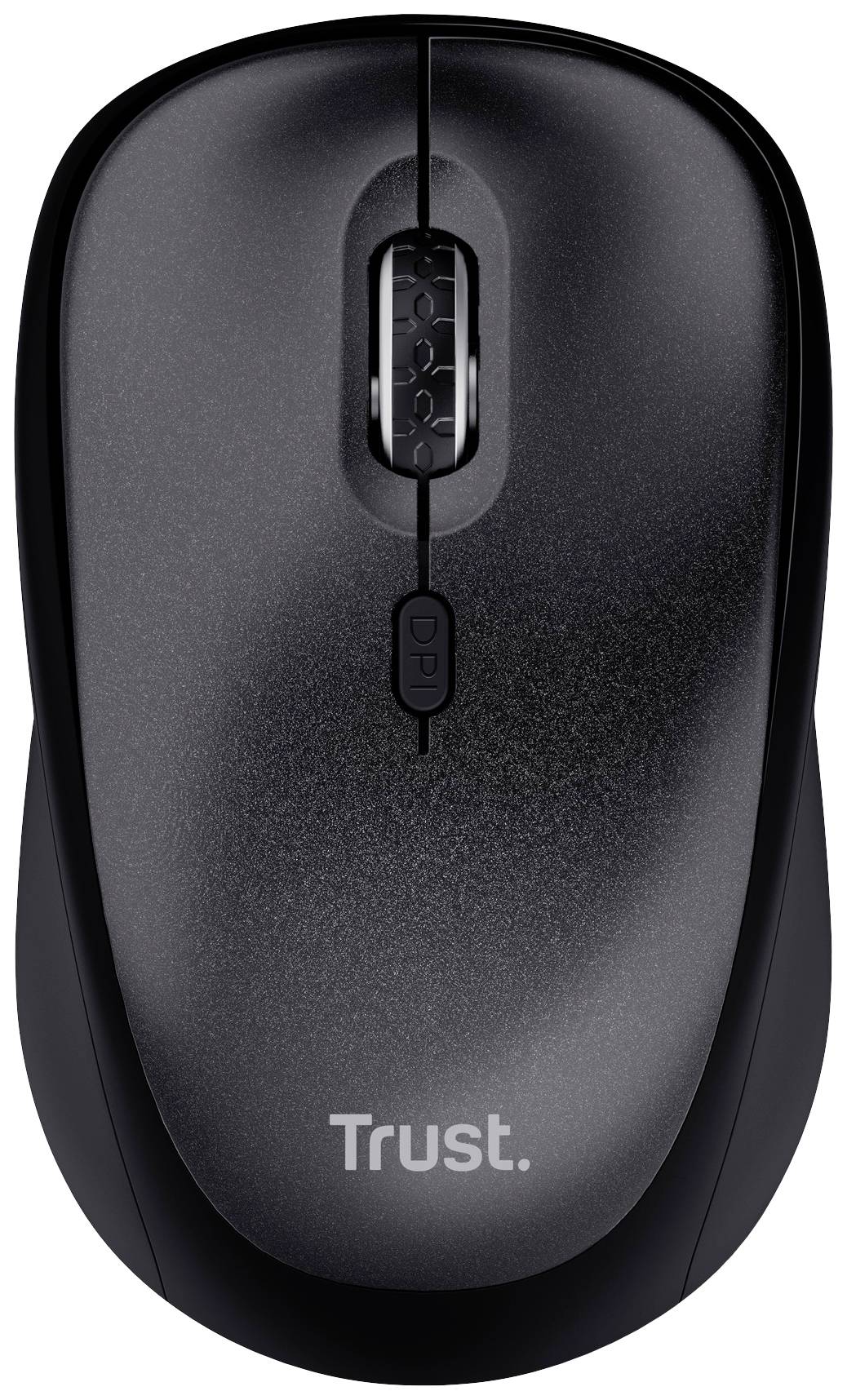 Kabellose schwarze Computermaus der Marke Trust mit Scrollrad und DPI-Taste in der Mitte.