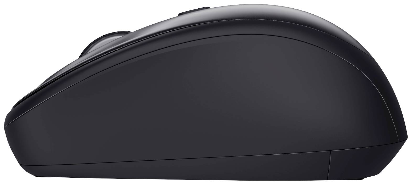 Schwarze kabellose Computermaus, seitliche Ansicht, ergonomisches Design, schlichte und glatte Oberfläche.