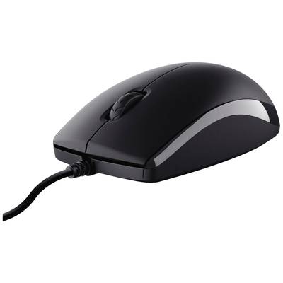 Eine schwarze Computermaus mit Kabel, ergonomisches Design, auf einer weißen Oberfläche.