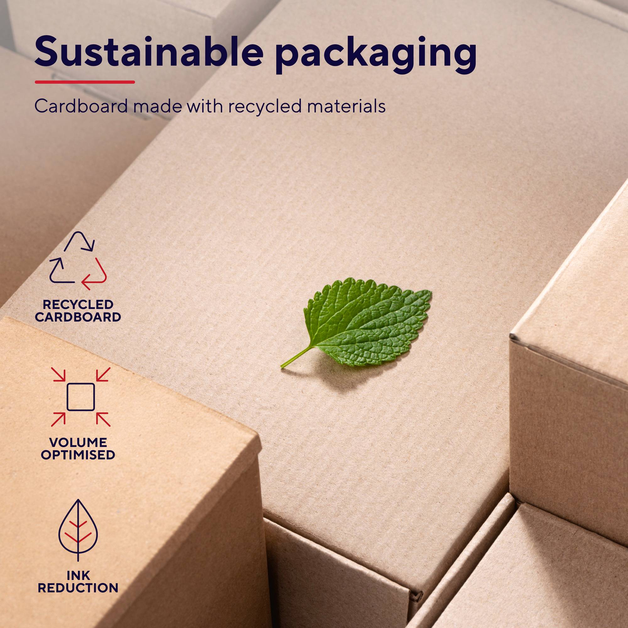 Nachhaltige Verpackung: Karton aus recycelten Materialien, Blatt und Symbole für Recycling und Volumenoptimierung abgebildet.