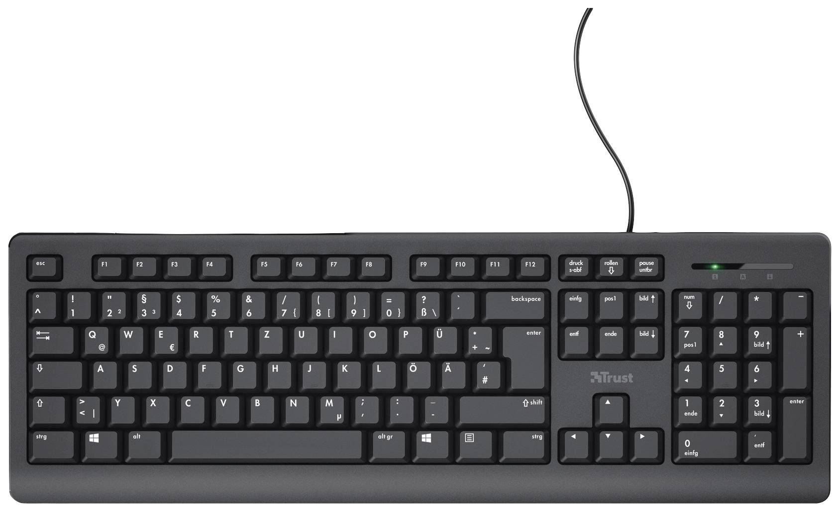 Eine schwarze kabelgebundene Tastatur mit QWERTZ-Layout. Oberhalb des Ziffernblocks leuchtet eine grüne LED.
