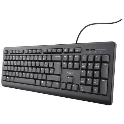 Eine schwarze Computertastatur mit Zahlenblock, Pfeiltasten und Funktionstasten. Die Tastatur ist kabelgebunden.
