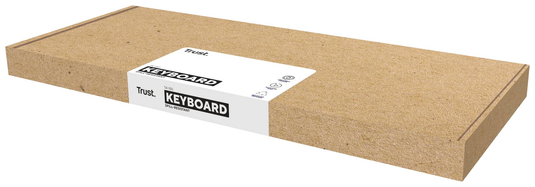 Eine längliche braune rechteckige Box mit einem weißen Etikett zeigt das Wort 'KEYBOARD' und Logos. Box enthält eine Tastatur.