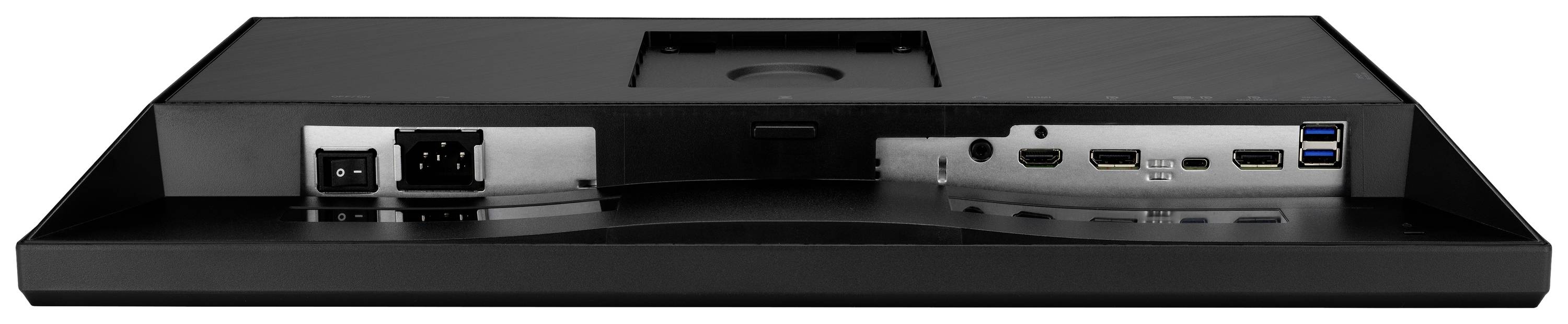 Rückseite eines Monitors mit mehreren Anschlussmöglichkeiten, darunter HDMI, DisplayPort und USB-Anschlüsse.