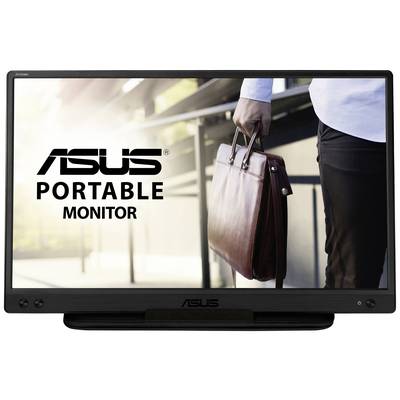 Ein tragbarer ASUS-Monitor zeigt ein Bild einer Person, die eine Aktentasche trägt. Text 'ASUS Portable Monitor'.