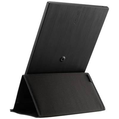 Eine schwarze Tablet-Hülle im aufrechten Stand. Die Rückseite des Tablets ist sichtbar.