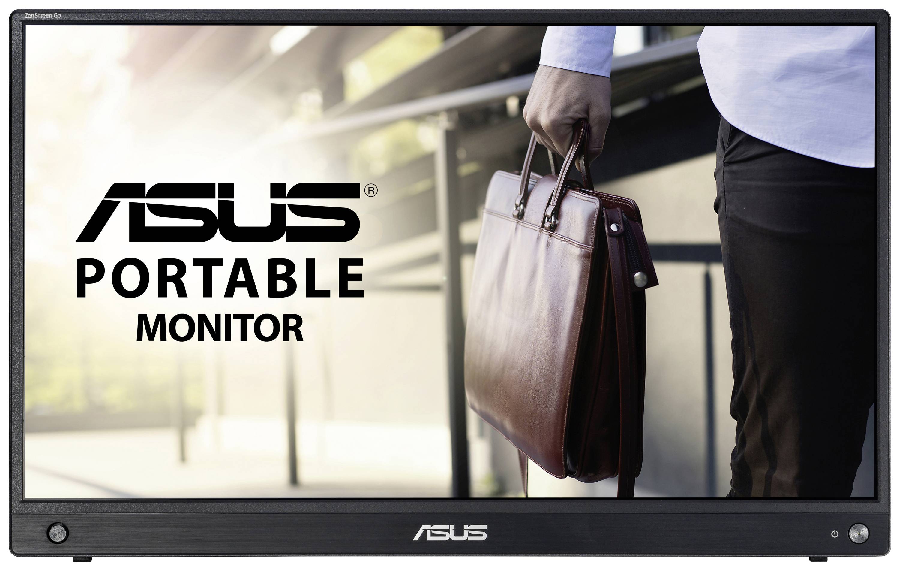 Ein tragbarer Asus-Monitor, daneben eine Person, die mit einer Aktentasche am Bildschirm vorbei geht.