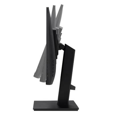 Seitenansicht eines Monitors, der seine Neigbarkeit zeigt. Der Monitor ist schwarz und hat einen schwenkbaren Standfuß.