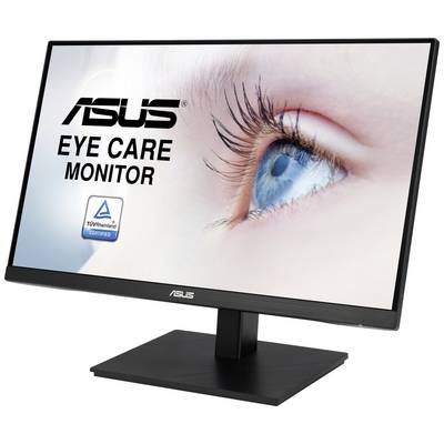 Monitor mit der Aufschrift 'ASUS Eye Care Monitor' und TÜV Rheinland-Zertifikat. Nahaufnahme eines Auges auf dem Bildschirm.
