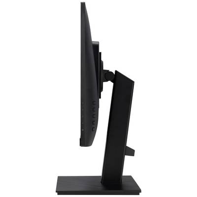 Seitenansicht eines schwarzen Monitors mit einem schwenkbaren Standfuß.