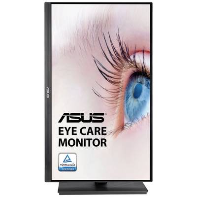 Asus Monitor mit TÜV-zertifiziertem Augenpflegemodus für reduzierte Augenbelastung, Nahaufnahme eines blauen Auges auf dem Bildschirm.