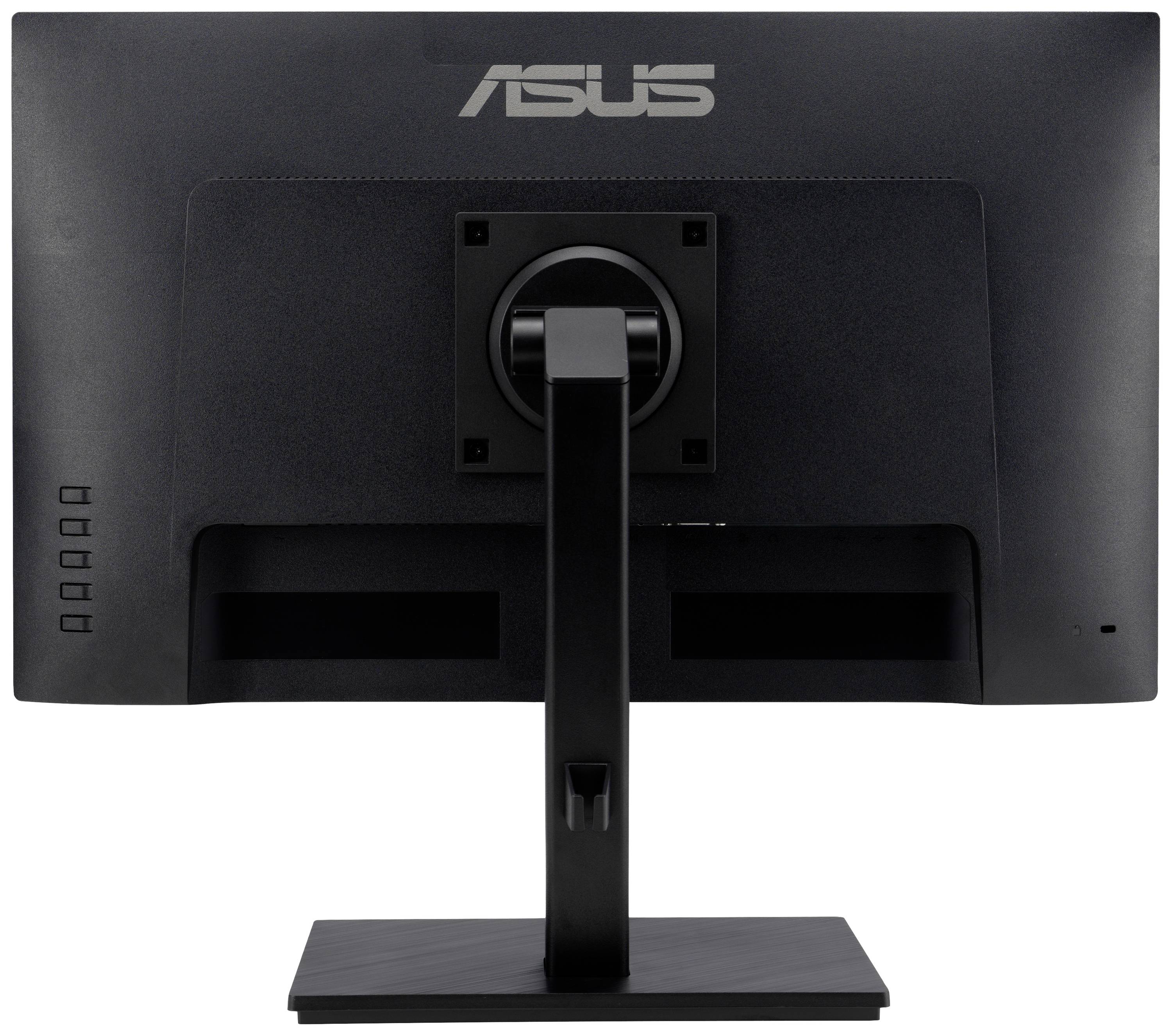 Rückseite eines schwarzen Monitors, Modell 'Asus', mit verstellbarem Ständer und erkennbaren Anschlüssen auf der linken Seite.