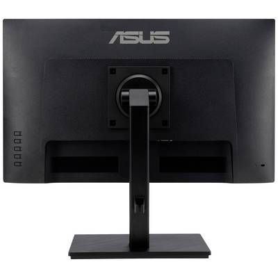 Rückseite eines schwarzen Monitors, Modell 'Asus', mit verstellbarem Ständer und erkennbaren Anschlüssen auf der linken Seite.