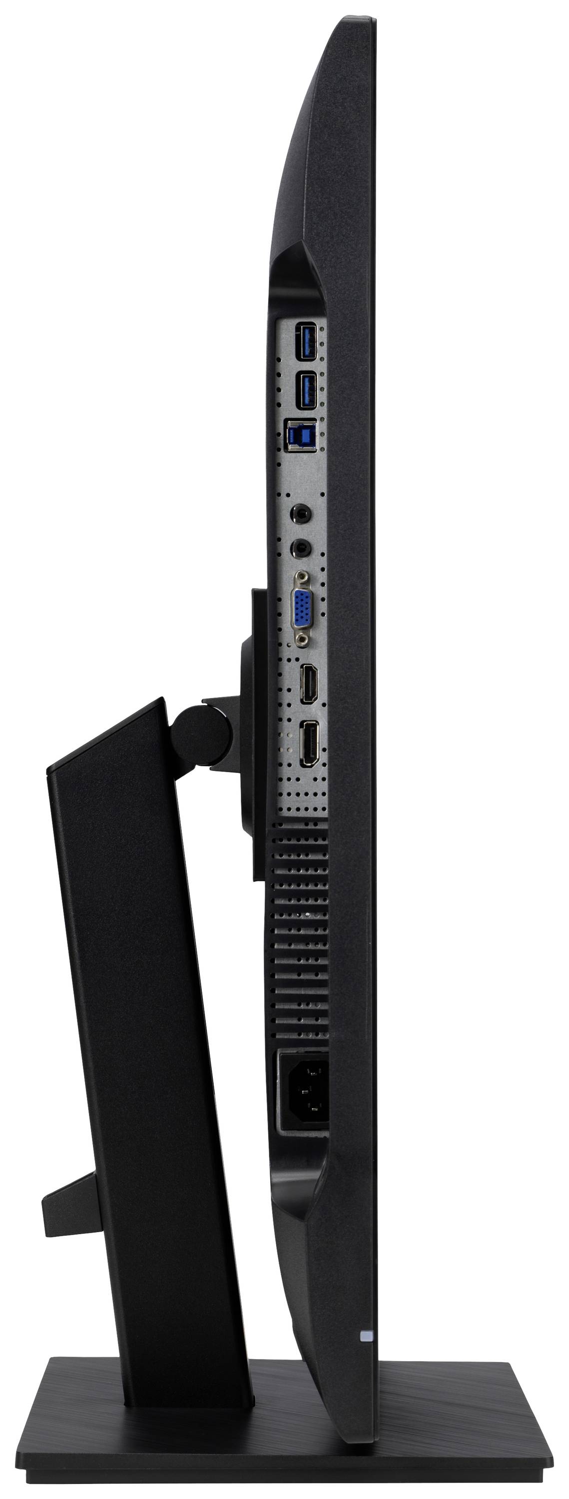 Seitliche Ansicht eines Computerbildschirms mit mehreren Anschlussmöglichkeiten, darunter USB, HDMI und DisplayPort, auf einem stabilen Standfuß.