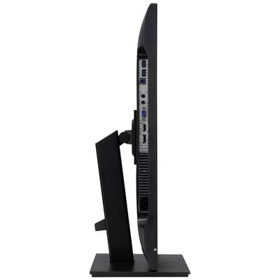 Seitliche Ansicht eines Computerbildschirms mit mehreren Anschlussmöglichkeiten, darunter USB, HDMI und DisplayPort, auf einem stabilen Standfuß.
