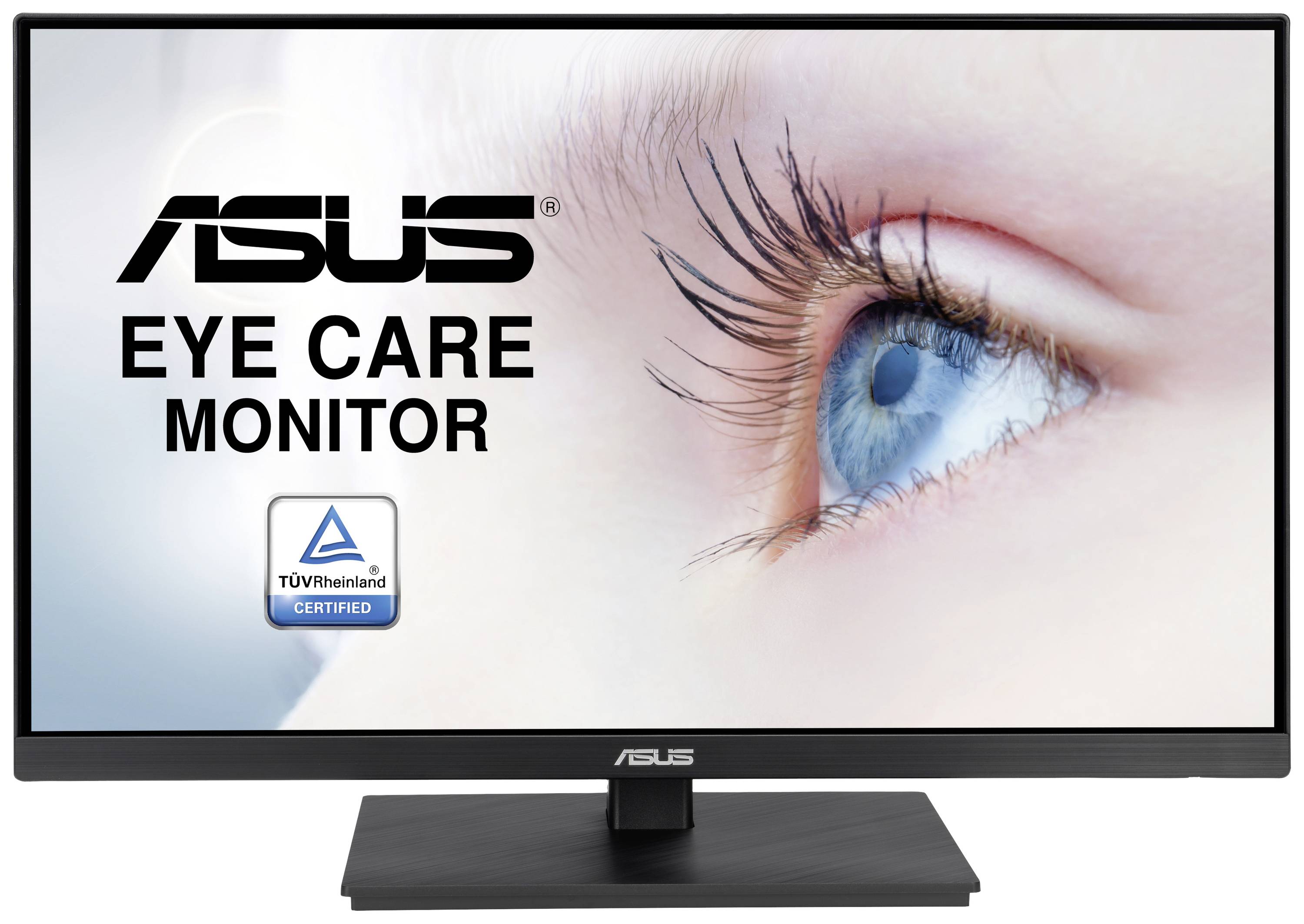 Asus Monitor Werbung mit Nahaufnahme eines Auges und Hinweis 'TÜV Rheinland zertifiziert' für Augenschonung.
