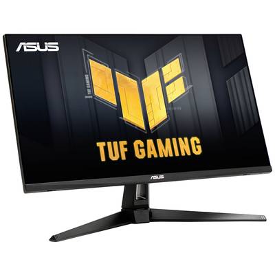 Gaming-Monitor von ASUS mit der Aufschrift 'TUF Gaming', schwarzes schlankes Design, großer Bildschirm, geeignet für intensives Gaming.