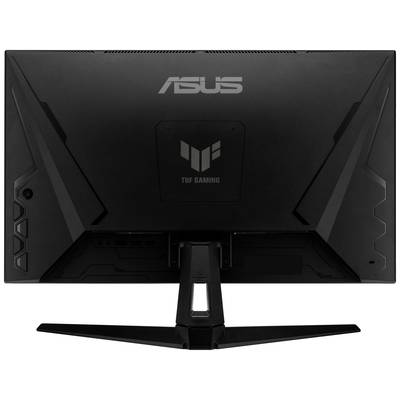 Ein ASUS TUF Gaming Monitor von hinten, schwarz, mit markanten, geometrischen Designakzenten und einem stabilen Standfuß.