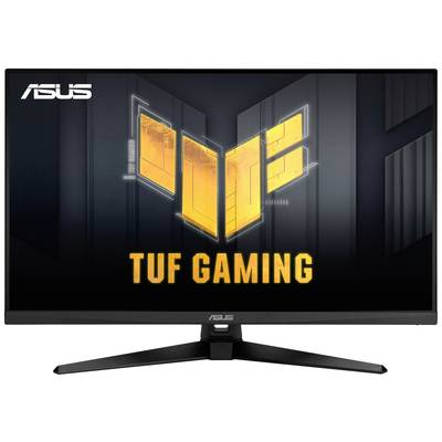 Ein ASUS TUF Gaming Monitor mit einem breiten Bildschirm und einem stabilen Standfuß. Das Logo ist prominent oben links zu sehen.