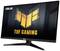 Ein ASUS TUF Gaming-Monitor mit beleuchtetem Logo auf dem Bildschirm, auf einem schwarzen Ständer montiert.