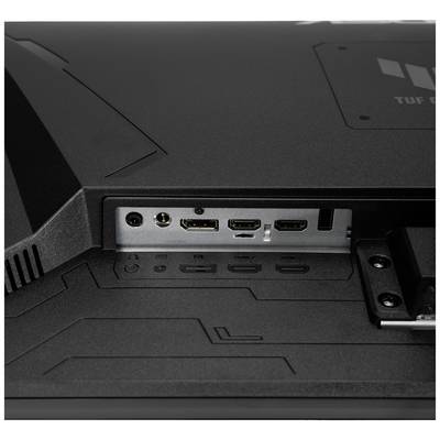 Rückseite eines Monitors mit sichtbaren Anschlüssen: ein Stromanschluss, zwei HDMI-Ports, ein DisplayPort und ein Kopfhöreranschluss.