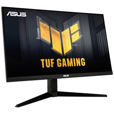 ASUS TUF Gaming-Monitor mit markantem Logo in Gelb und Schriftzug. Schlichtes Design mit Betonung auf Gaming-Performance.