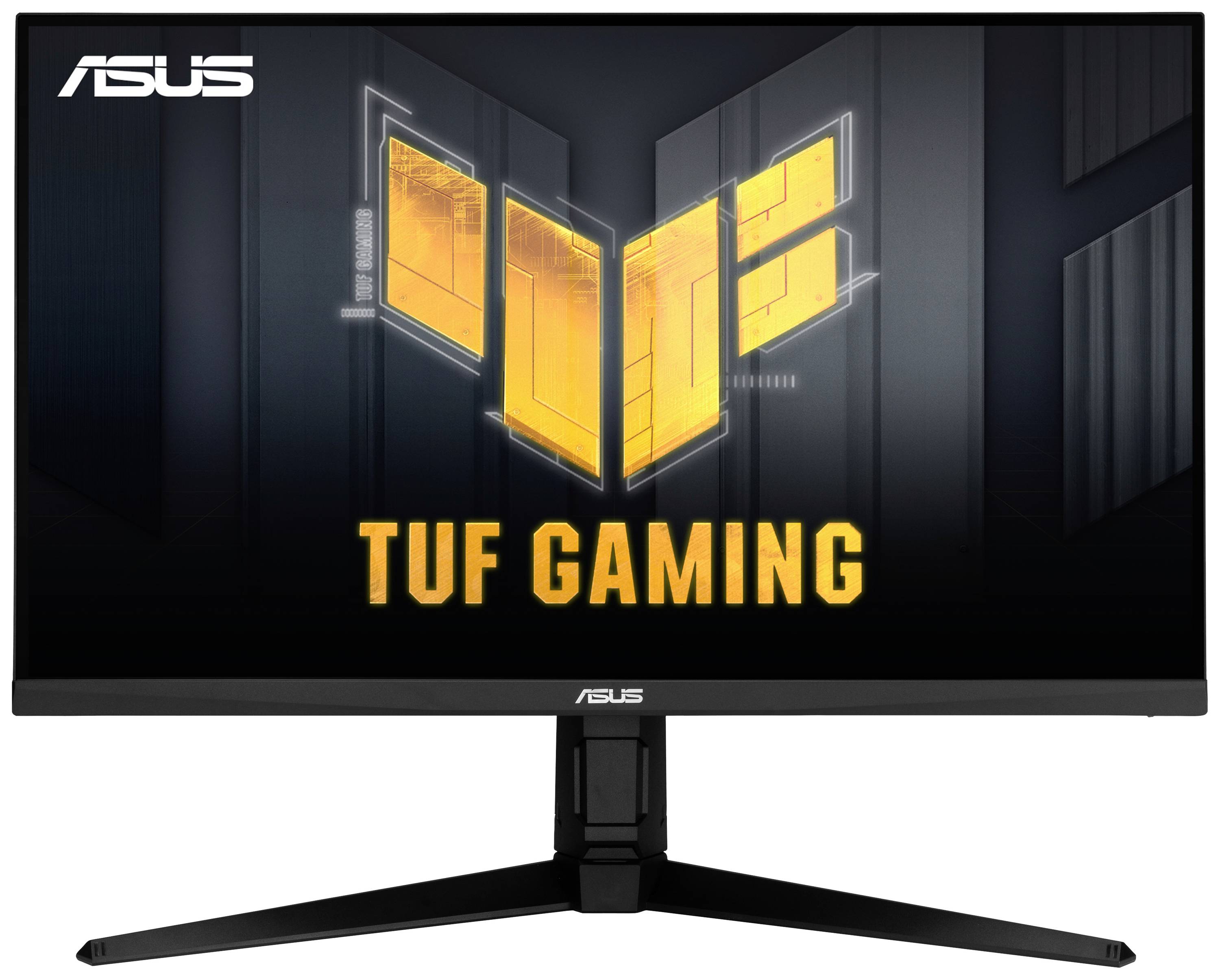 Asus TUF Gaming-Monitor mit großem Display, leuchtendem gelbem Logo und robustem Standfuß. Geeignet für Gaming-Enthusiasten.
