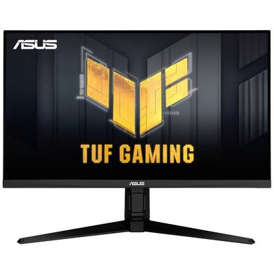 Asus TUF Gaming-Monitor mit großem Display, leuchtendem gelbem Logo und robustem Standfuß. Geeignet für Gaming-Enthusiasten.