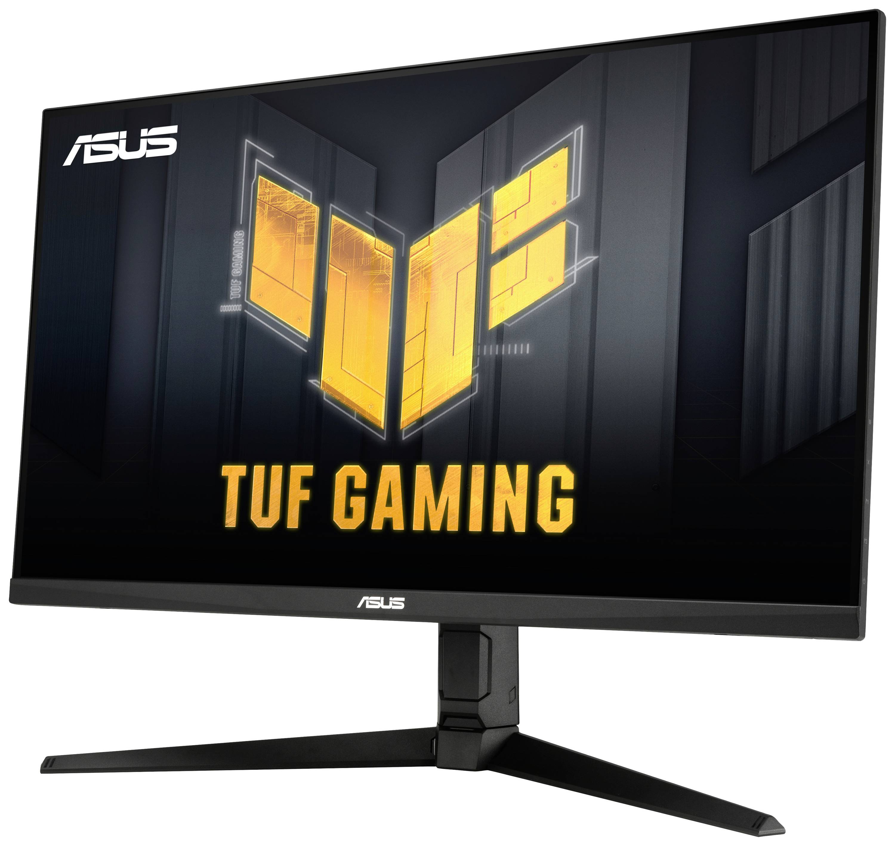 Ein ASUS TUF Gaming Monitor mit schmalem Rahmen und stilvollem Design. Auf dem Bildschirm ist das TUF Gaming Logo zu sehen.