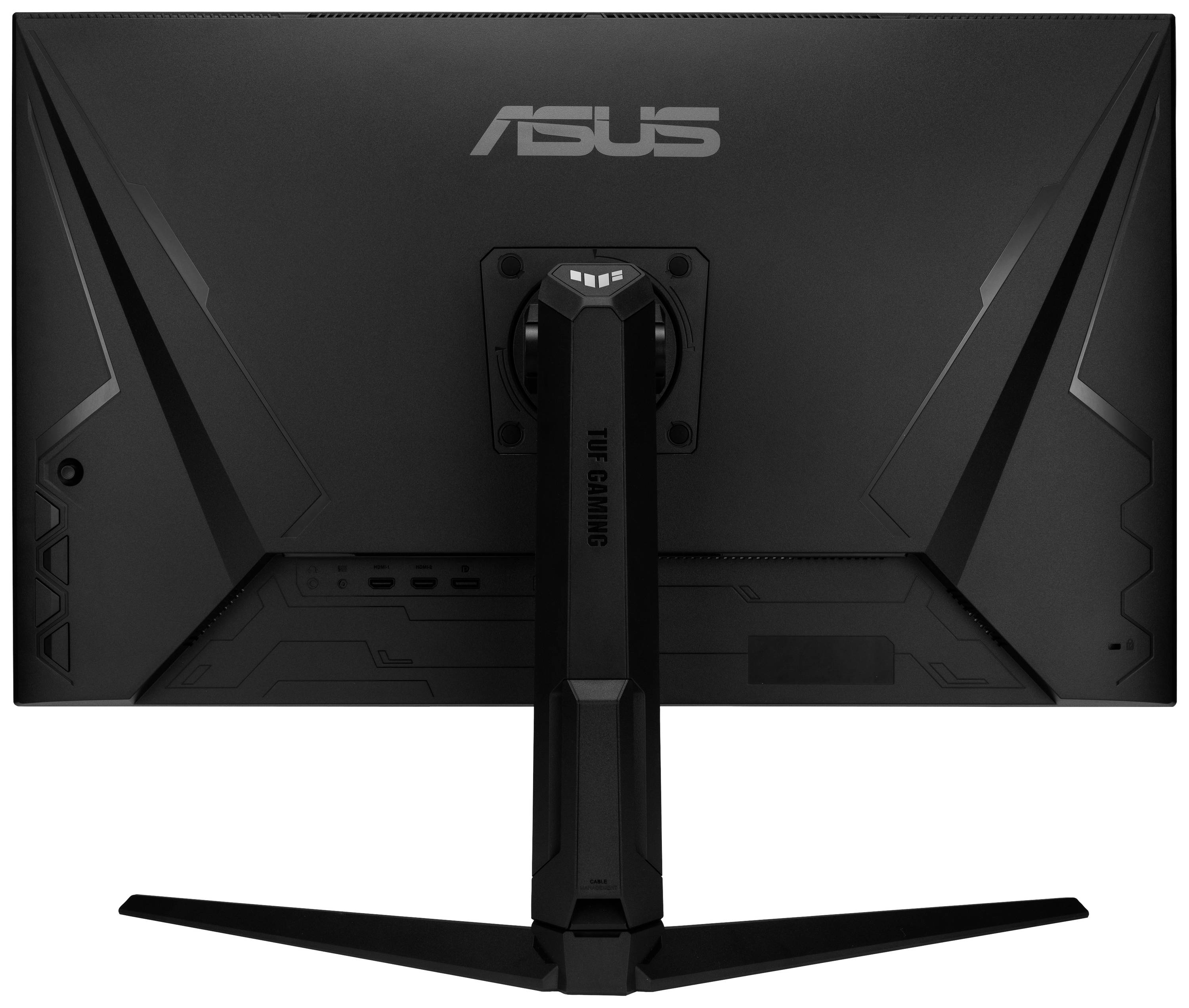 Rückseite eines ASUS Gaming-Monitors mit markantem Design und stabilem Ständer. Markenlogo oben sichtbar.