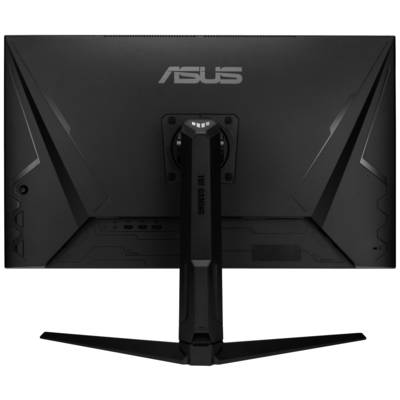 Rückseite eines ASUS Gaming-Monitors mit markantem Design und stabilem Ständer. Markenlogo oben sichtbar.