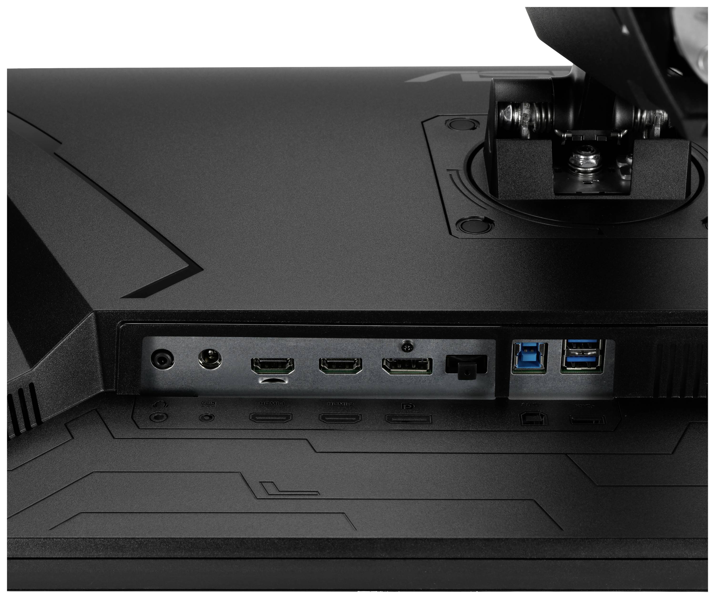 Rückseite eines Monitors mit Anschlüssen: HDMI, DisplayPort, USB und Audio.