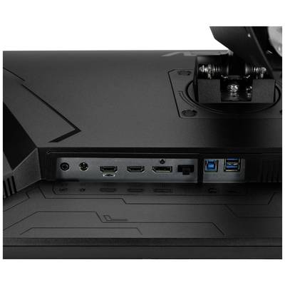 Rückseite eines Monitors mit Anschlüssen: HDMI, DisplayPort, USB und Audio.