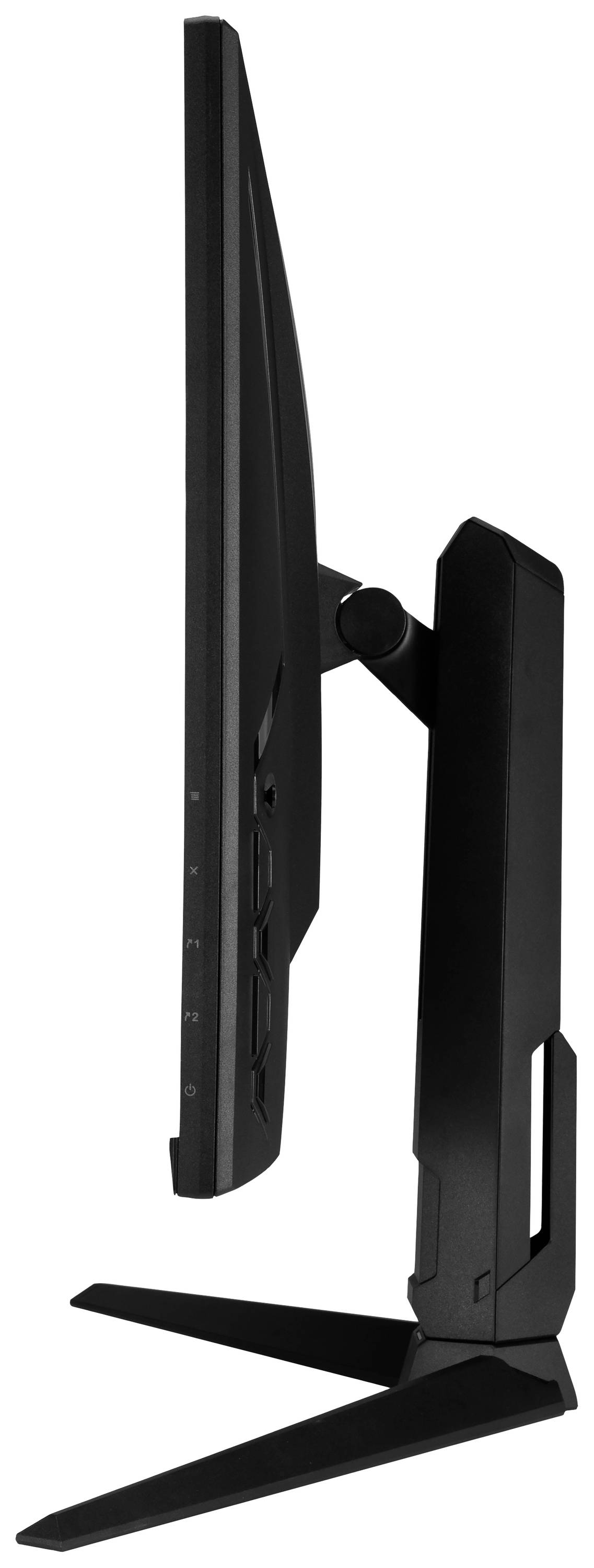 Seitenansicht eines modernen, schwarzen Computerbildschirms mit schlankem Design und stabilem Standfuß. Bildschirm zeigt nichts.