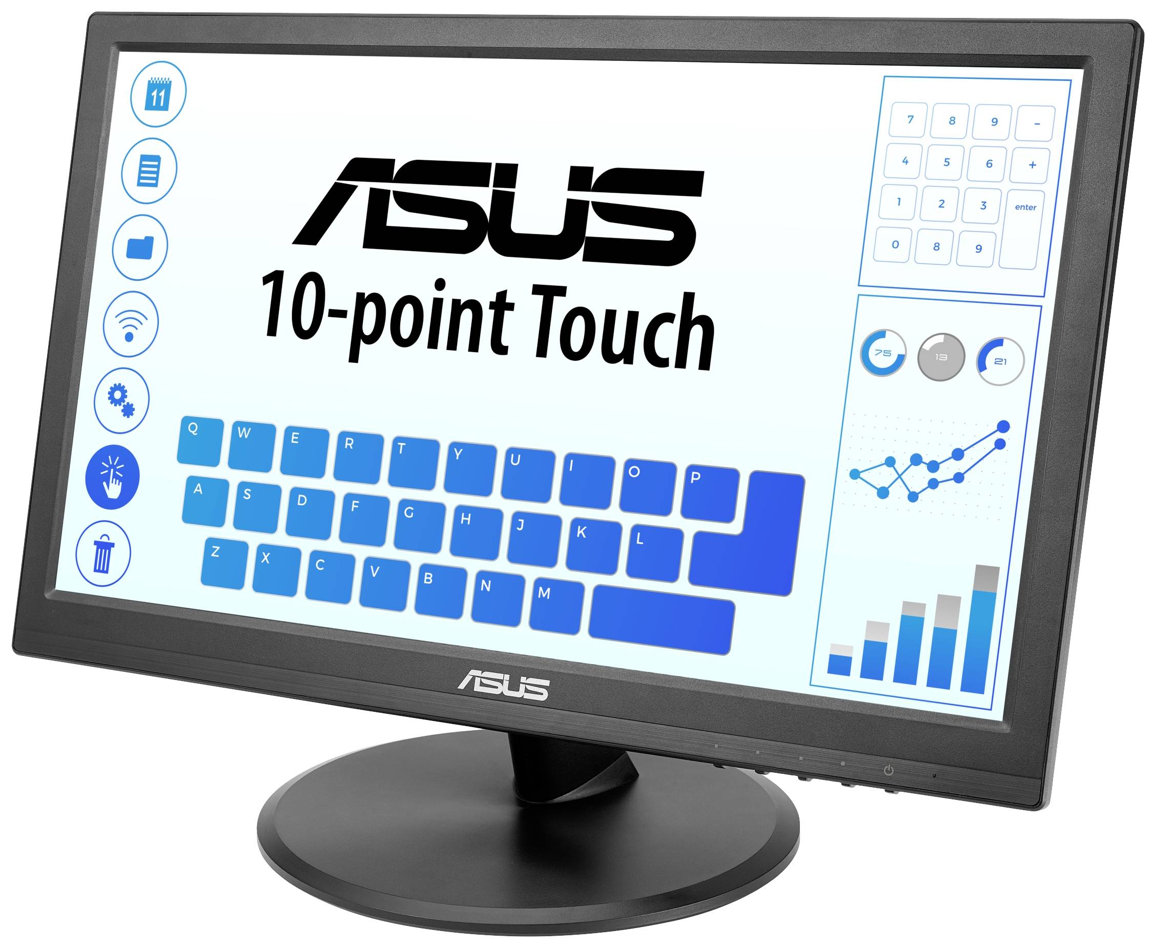 Ein ASUS Touchscreen-Monitor zeigt eine virtuelle Tastatur, Symbole für WLAN und Lautstärke sowie Diagramme.