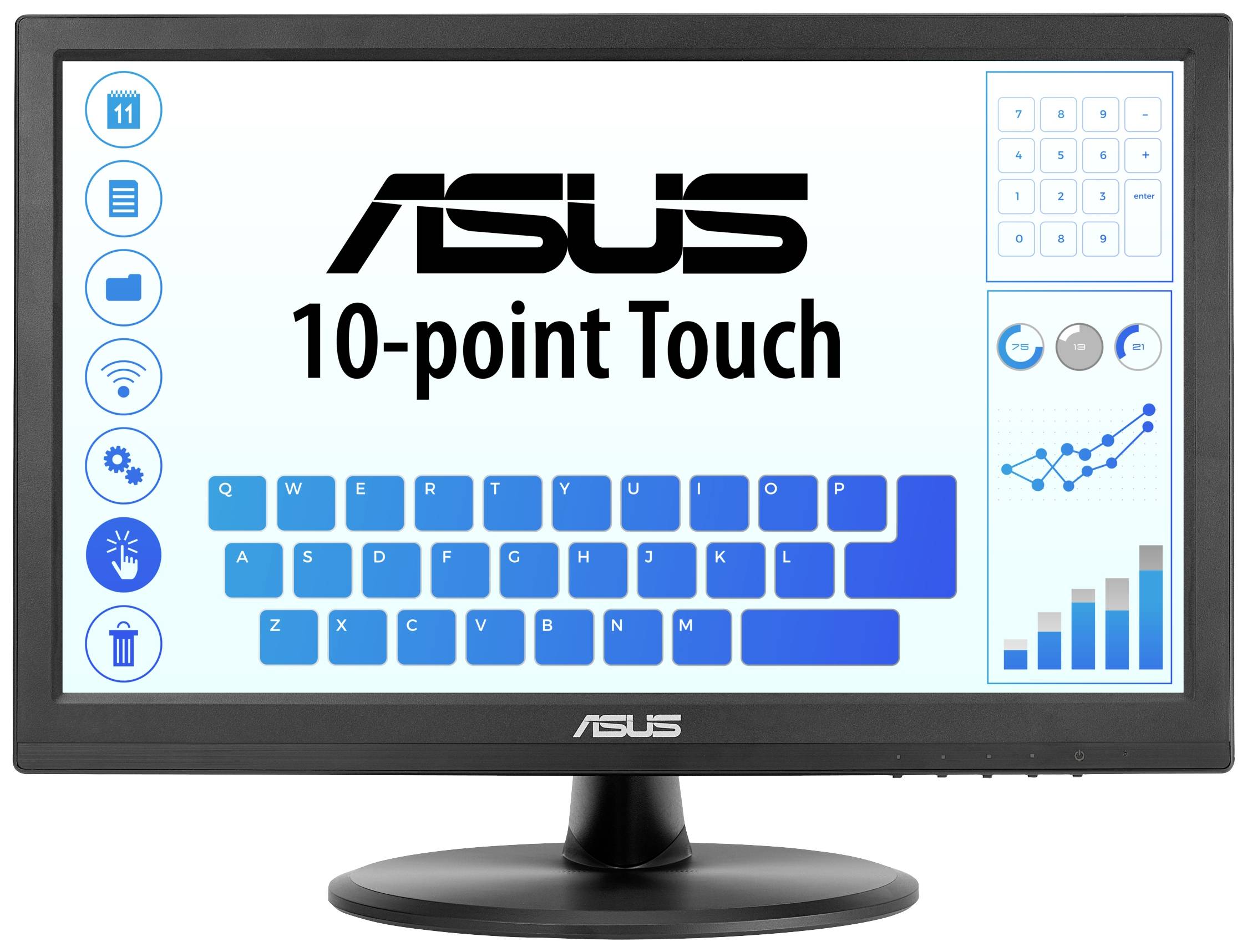 Ein ASUS-Monitor mit Touchscreen-Funktionen. Zeigt eine Bildschirmtastatur, Symbole für verschiedene Funktionen und Grafiken.