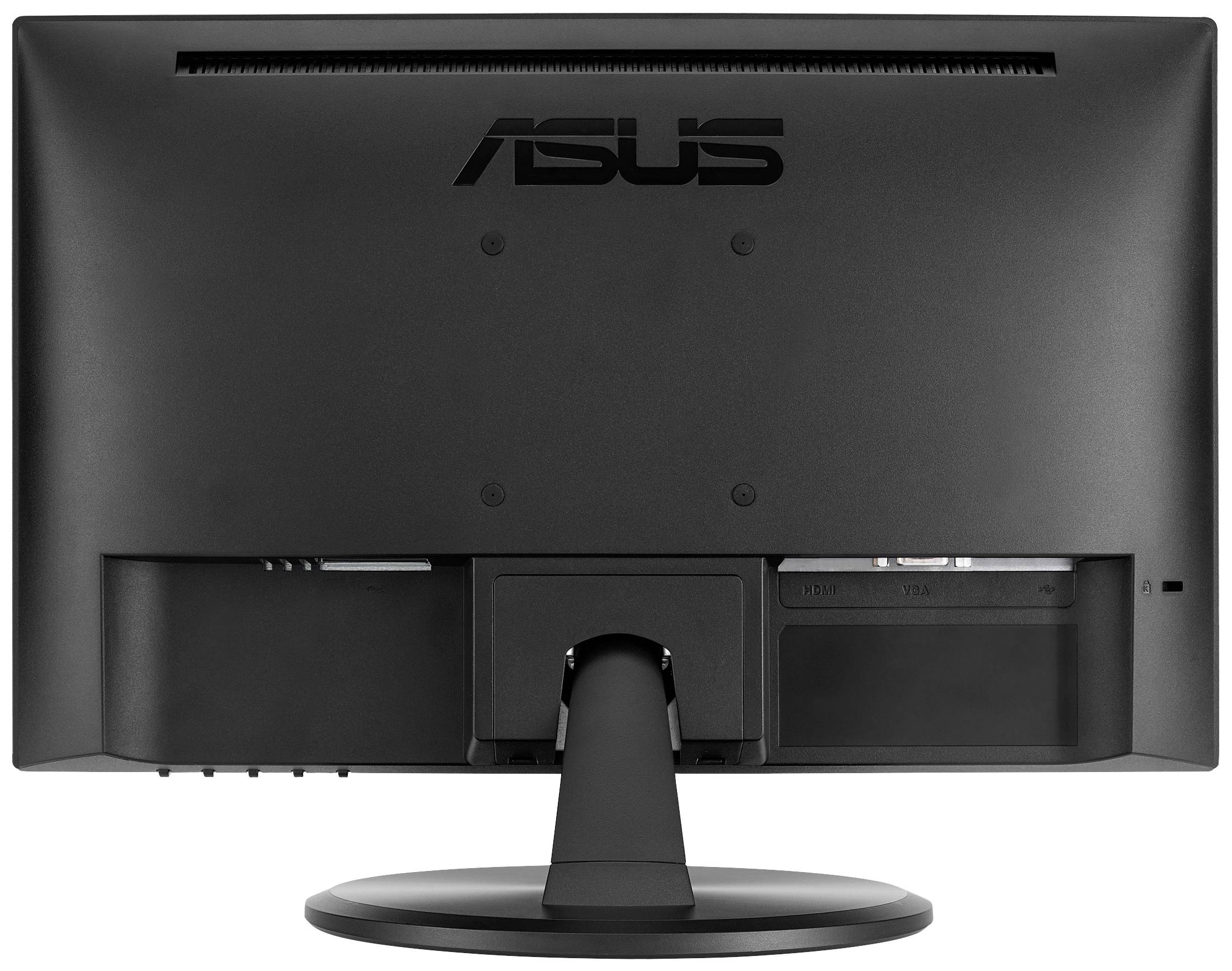 Rückansicht eines schwarzen Computermonitors mit Standfuß und sichtbaren Anschlüssen.