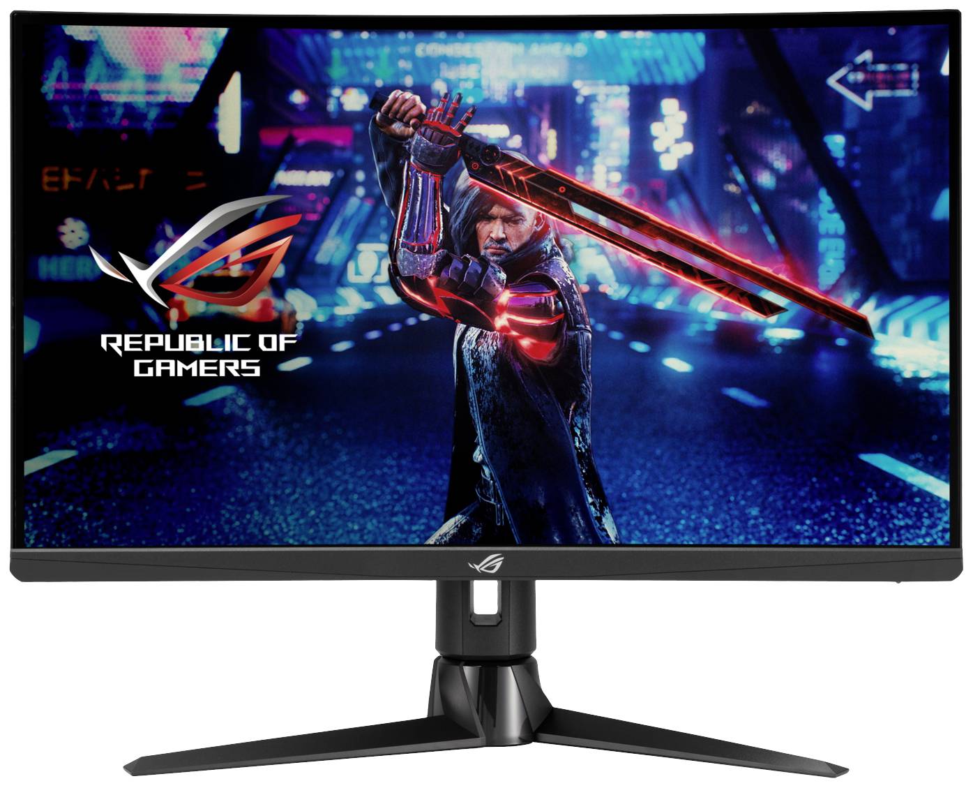 Gaming-Monitor mit RGB-Effekten zeigt ein digitales Bild eines Charakters mit einem rot leuchtenden Schwert in futuristischer Stadtkulisse.